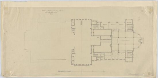 Utvidelse av Nationaltheatret, plan av 1. etasje, alternativ med restaurant og butikklokaler