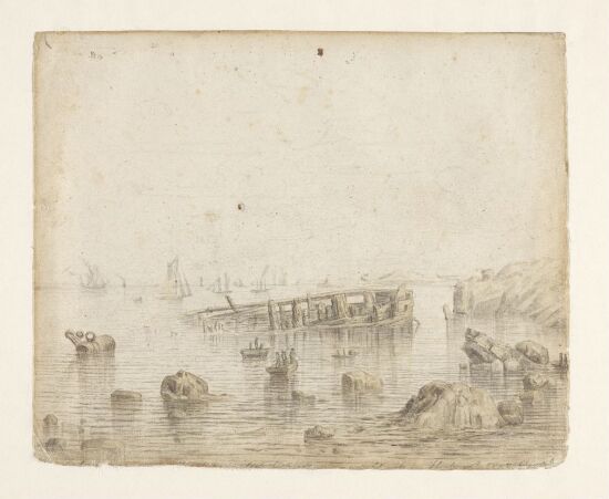 Kystlandskap med skipsvrak og småbåter