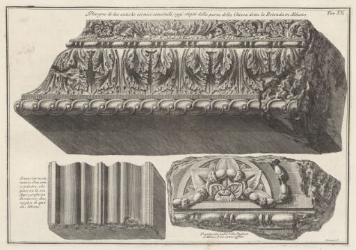 Illustration of two ancient cornices, today the jambs of the door of the church called the Rotunda in Albano