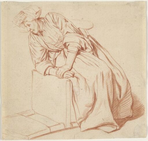 A peasant woman seated on a stone bench