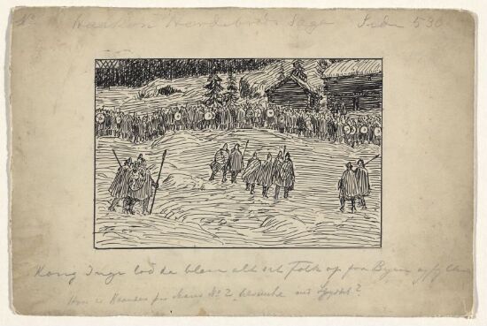 Da lot kong Inge blåse hæren opp fra byen og lot fylke. Til "Haakon Herdebreds saga" i Snorre Sturlason, Kongesagaer, Kristiania 1899