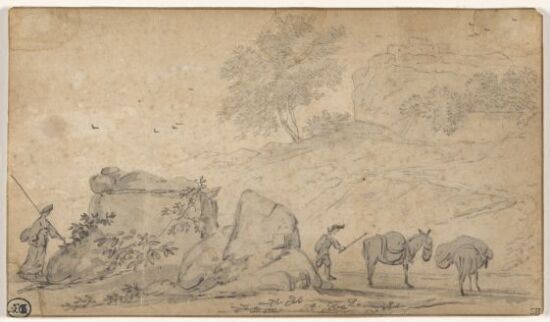 Road with Woman, Man and Mules