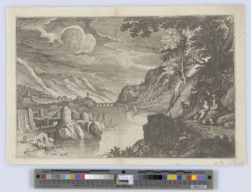 Ruined city at left on the bank of a broad river, shepherd and shepherdess with distaff at right