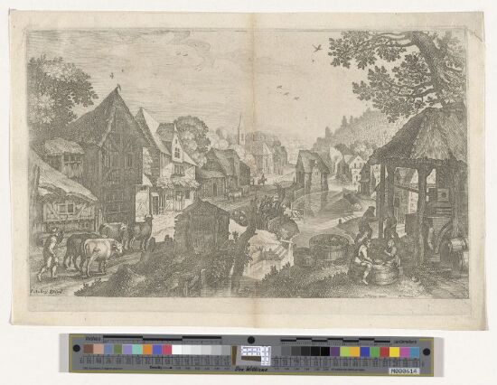 Village near a brooklet, a wine-press at right