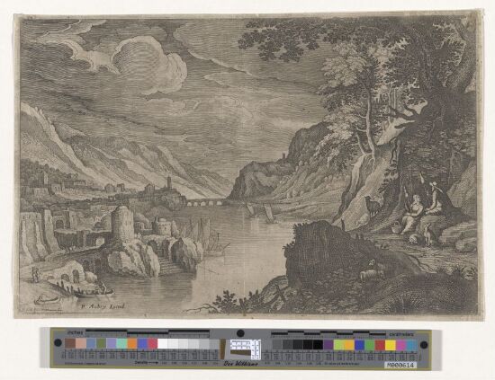 Landskap med antikk by i bakgrunnen