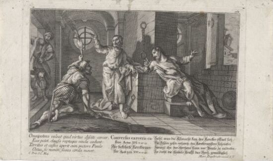 Fangevokteren på kne foran Paulus og Silas