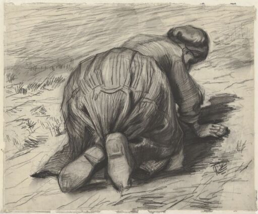 Peasant woman, kneeling: seen from behind
