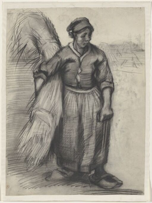 Peasant woman carrying a sheaf of grain, seen from the front