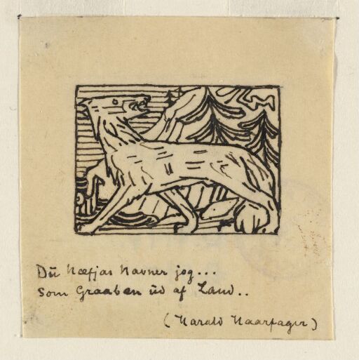 "Du vaker Nevjas navne, driver som varg av landet...". Vignett til Harald Hårfagres saga, Snorres Sturlason, Kongesagaer, Kristiania 1899