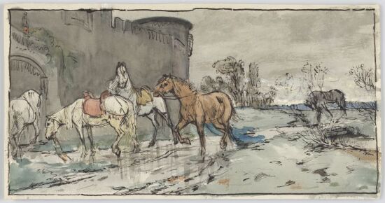 Ventende oppsadlede hester utenfor en borg