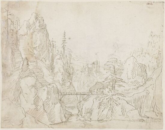 Fjellandskap med elv og trebro