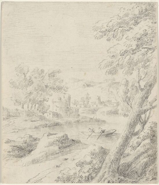 Landskap med elv med robåt