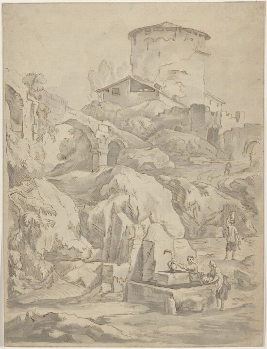 Landskap med fjellandsby og vannkilde