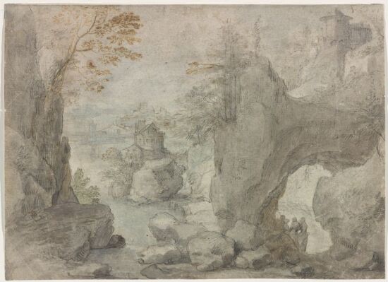 Landskap med klippe og hus