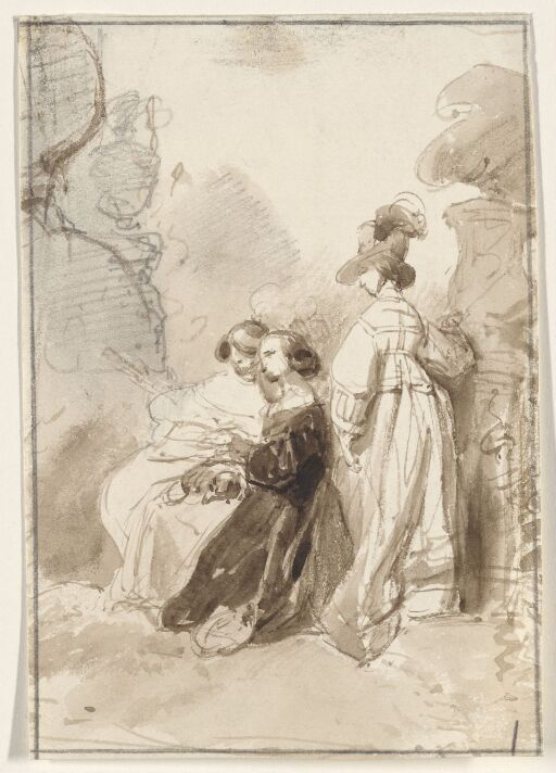 Two Seated and One Standing Women