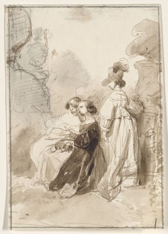 To sittende og en stående kvinne