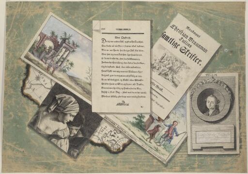 Trompe-l'oeil med kart, kobberstikk og trykksaker