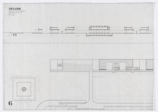 Utkast til hotell og kurssenter i Riyadh i Saudi-Arabia. Plan- og snittegning.
