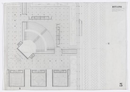Utkast til hotell og kurssenter i Riyadh i Saudi-Arabia. Plan- og snittegning.