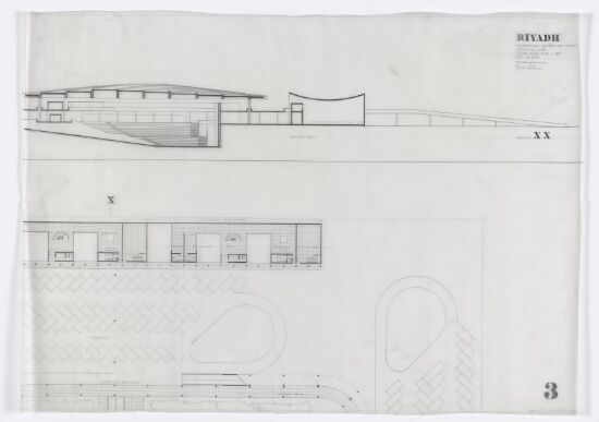 Utkast til hotell og kurssenter i Riyadh i Saudi-Arabia. Plan- og snittegning.