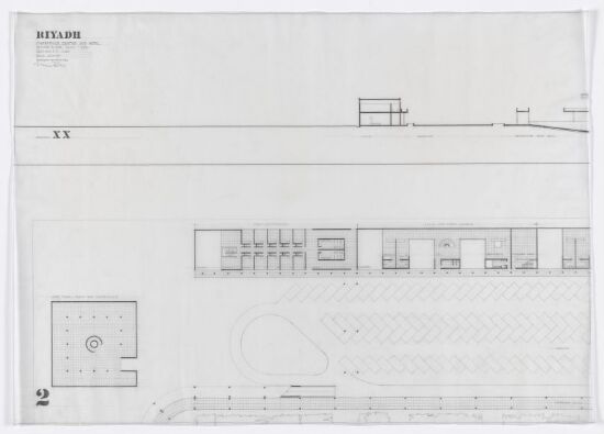 Utkast til hotell og kurssenter i Riyadh i Saudi-Arabia. Plan- og snittegning.