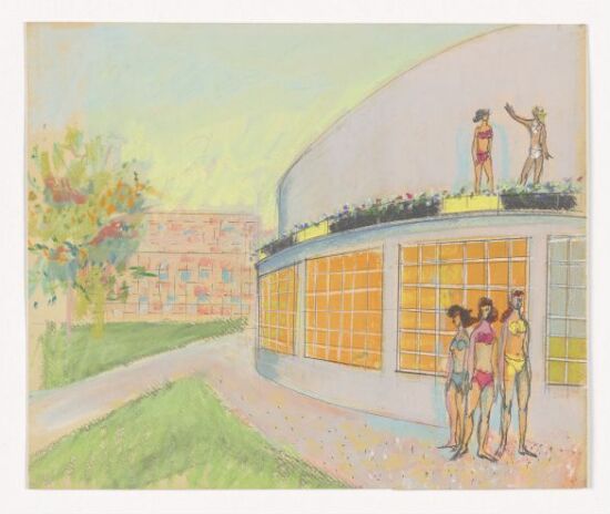 Utkast til en svømmehall, eksteriørperspektiv