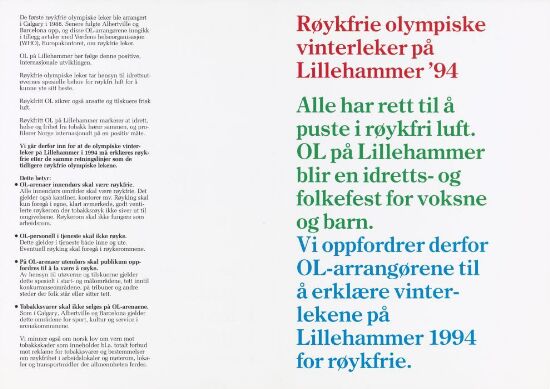 Opprop! Røykfrie olympiske vinterleker på Lillehammer '94