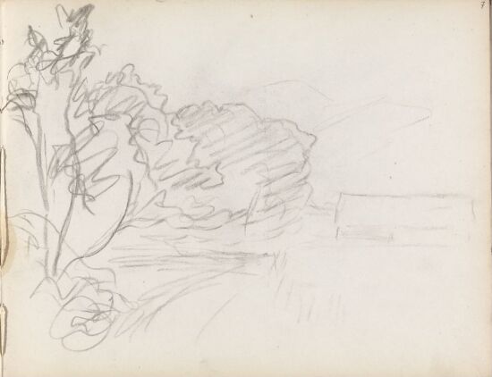 Landskap med trær og bygning