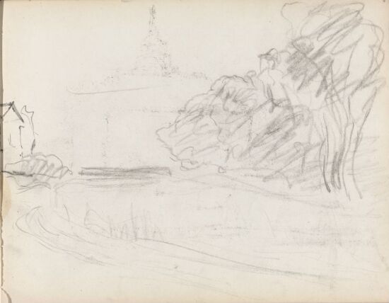 Landskap med trær, elv og del av bygning