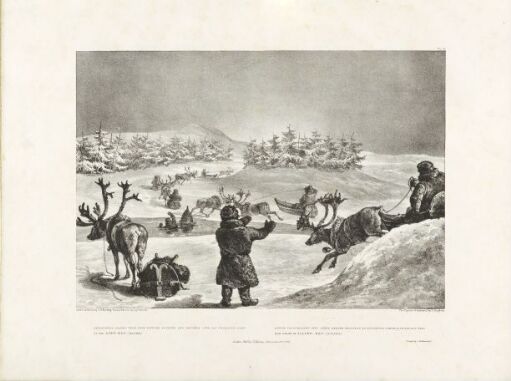 Laplanders leaping their deer with the sledges and drivers over an unfrozen part of the Aiby-Elv