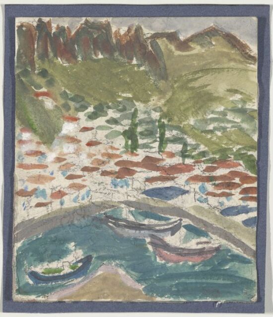 Landskap med båter og hus