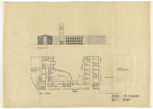 Proposal for Town Hall in Sør-Varanger, South Elevation and Plan of Fround Floor