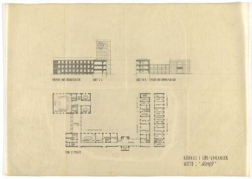 Proposal for Town Hall in Sør-Varanger, Elevation, Section and Plan of 1. Floor