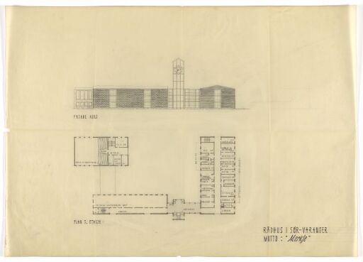 Proposal for Town Hall in Sør-Varanger, North Elevation and Plan of 2. Floor