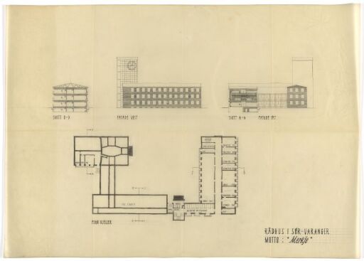 Proposal for Town Hall in Sør-Varanger, Sections, Elevations, and Basement Plan