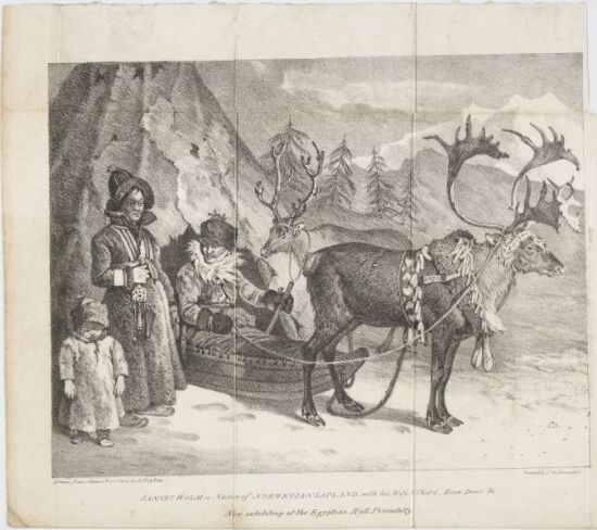 Johannes Holm med sin familie og reinsdyr. Utstilt Piccadilly