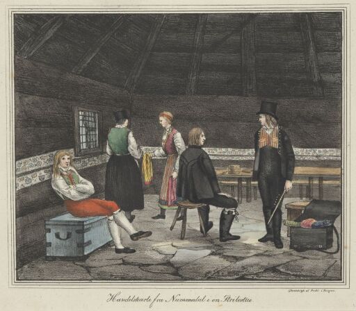 Handelsfolk fra Numedal i en strilestue. Norske nasjonaldrakter