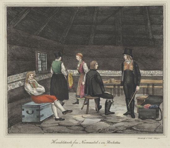 Handelsfolk fra Numedal i en strilestue. Norske nasjonaldrakter