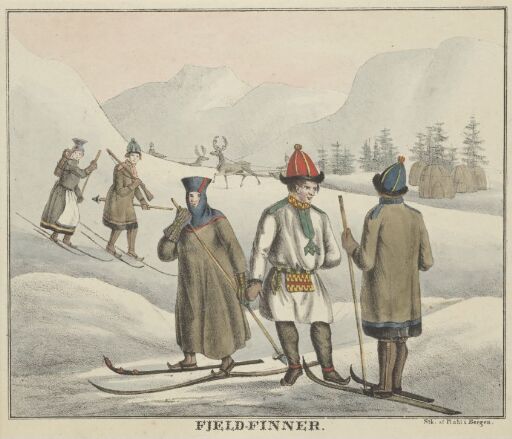 Samer på ski i fjellet. Norske nasjonaldrakter