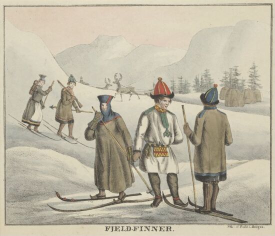 Samer på ski i fjellet. Norske nasjonaldrakter