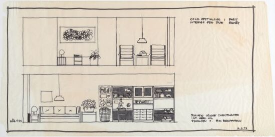 Interiør fra en stue på Romsås, oppriss