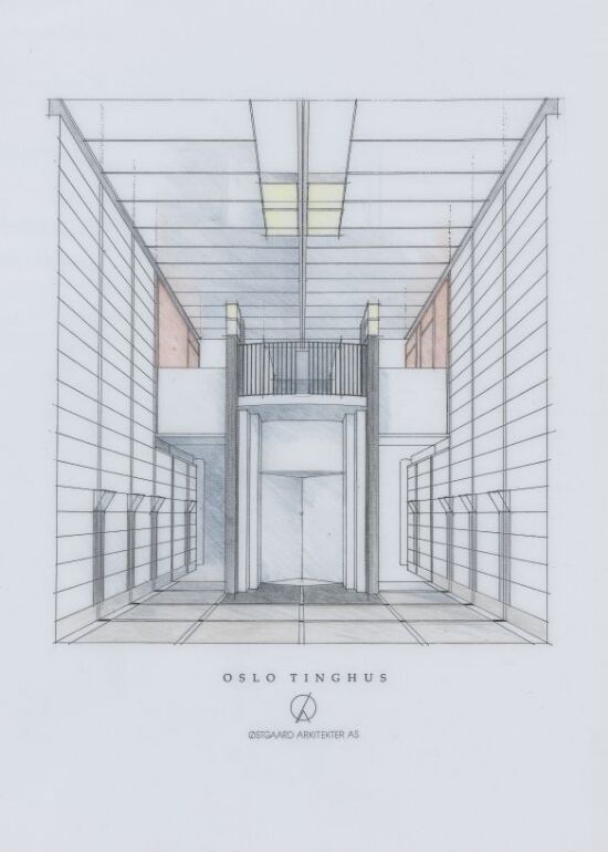 Oslo Tinghus, interiørperspektiv mot hovedinngangen