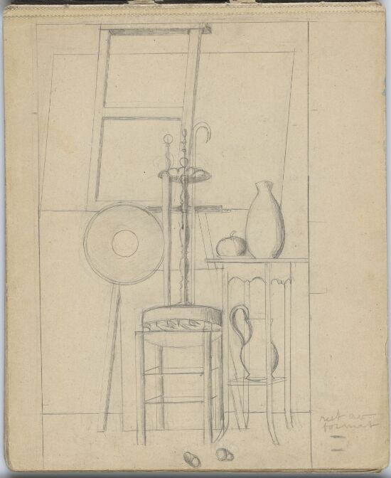 Arrangement with a Pedestal Table, Vase, and Jug