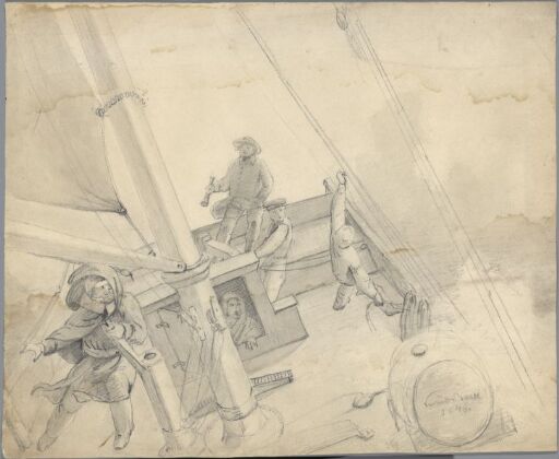 On a ship’s deck in stormy weather