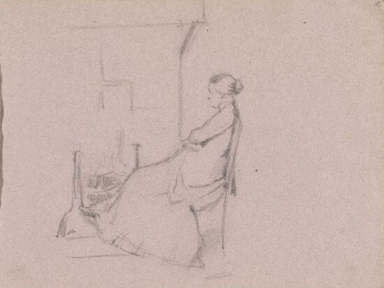 Sittende kvinne ved ildsted