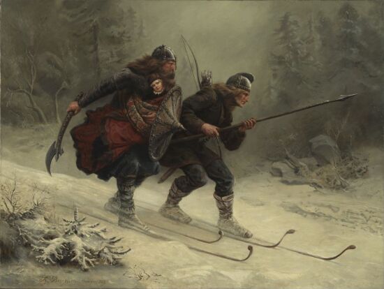 Skiing Warriors Carrying the Royal Child to Trondheim