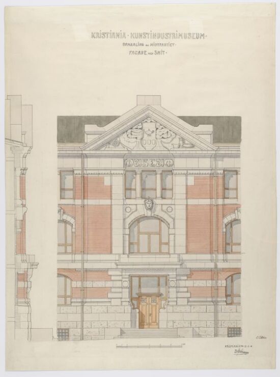 Kristiania Kunstindustrimuseum. Opmaaling av midtpartiet. Facade med snit.