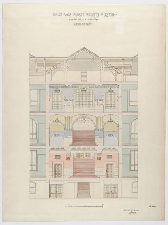 Kristiania Kunstindustrimuseum. Opmaaling av Midtpartiet. Længdesnit.