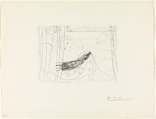 Minotaure et jeune femme enlacés rêvant sous une fenêtre