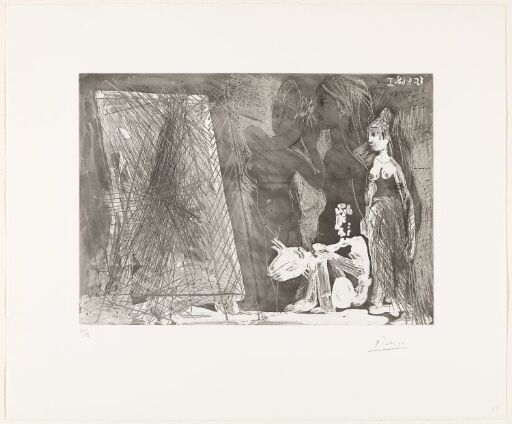 Maler sitter foran lerretet, sammen med en modell, og tenker på motivet: To kvinner
